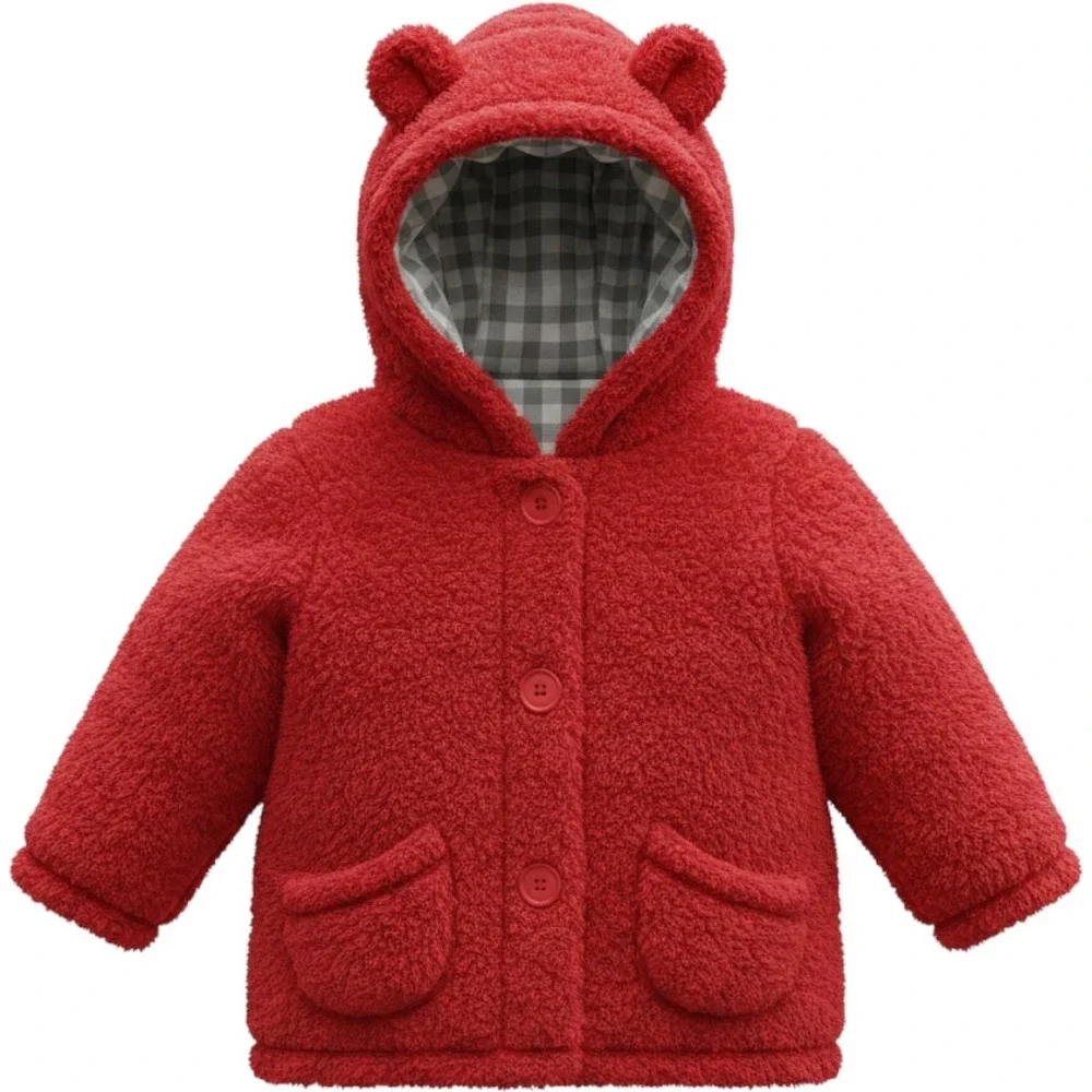 Oshkosh B'gosh Girls Red Fuzzy Hooded Jacket 3/4 Toddler winter coat warm soft‎